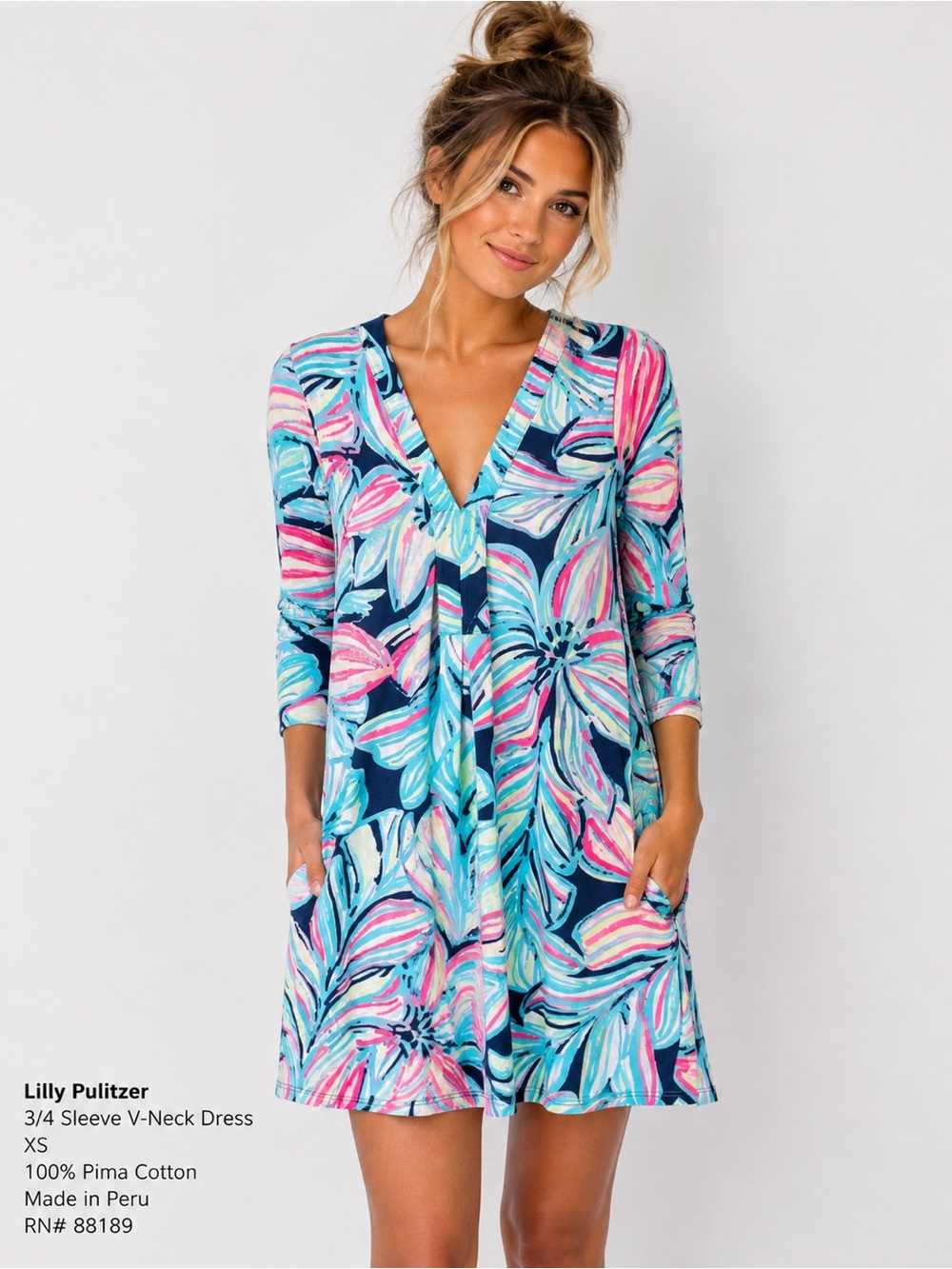 100% Cotton Lilly Pulitzer Floral V-Neck 3/4 Sleeve Dress Women’s XS